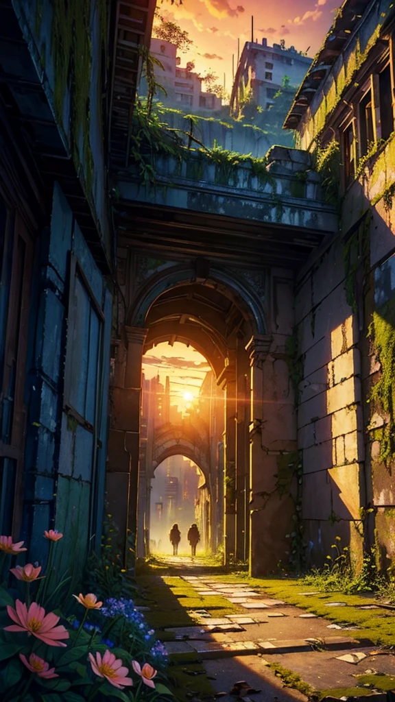 ((masterpiece, best quality)), (abandoned city, a lot of flower and moss grows, ruins, sunset), dramatic lighting, retro coloring