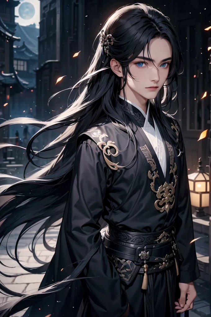 1 boy holding a book in his hand, cabelos preto e longos，Outfit in black，solo，（the night：1.2）long whitr hair, blue eyes,Chinese folk tales，swordsmen，