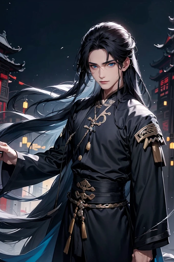 1 boy holding a book in his hand, cabelos preto e longos，Outfit in black，solo，（the night：1.2）long whitr hair, blue eyes,Chinese folk tales，swordsmen，