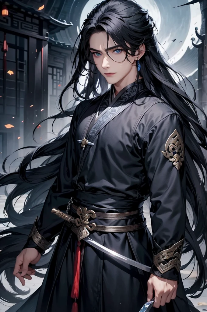 1 boy holding a book in his hand, cabelos preto e longos，Outfit in black，solo，（the night：1.2）long whitr hair, blue eyes,Chinese folk tales，swordsmen，