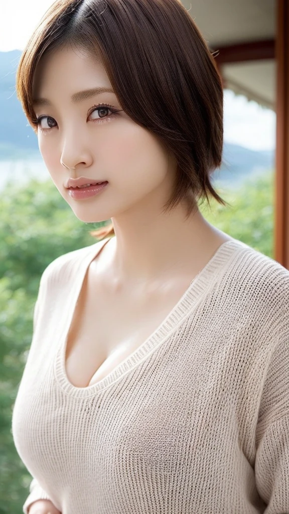 (((uetoaya))), Highest quality, realism, Fine details, High resolution, 8k wallpaper, Perfect dynamic composition, Beautiful and delicate eyes, Large Breasts, (Sweater with open chest)、(Breast swelling 1.3)、The resort offers beautiful views.、38 years old、(Droopy Eyes 1.4)、Get your face close to LoRA,