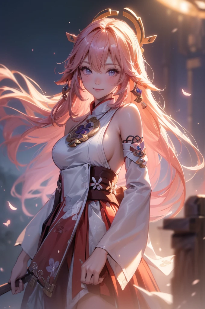 ((yaemikodef)):1.5, ((masterpiece,Highest quality,Highly detailed images,Beautiful images、Dutch Angle)), (Image of yaemiko smiling in front of lightning、Overall dim lighting、Backlight、Strong backlighting、Fantastic dark atmosphere、Thick Fog、Dust flutters),(Dynamic pose)1.2, sideboob