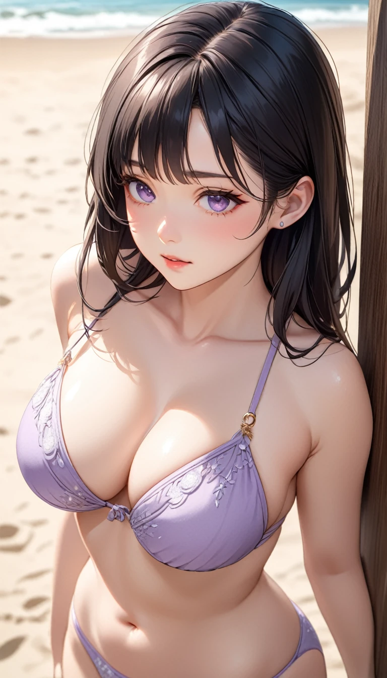 masterpiece, High resolution, perfect face, beauty of japan, 30 years old, beautiful face, beach, light purple bikini, embarrassed look, look at the camera, (top quality eyes), detailed texture, look at me, Married woman, cool women, (high resolution eyes), black hair, little curvy
