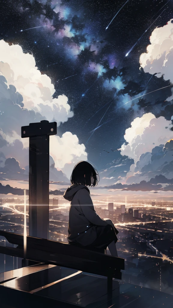 High resolution 8k, no, Bright light, acetate, null, star (null), View, starry null, at night, 1 Girl, at night null, alone, Outdoor, sign, building, cloud, Milky Way, sit, wood, Long Hair, city, silhouette, cityscape, Short Bob Hair, Black Hair
