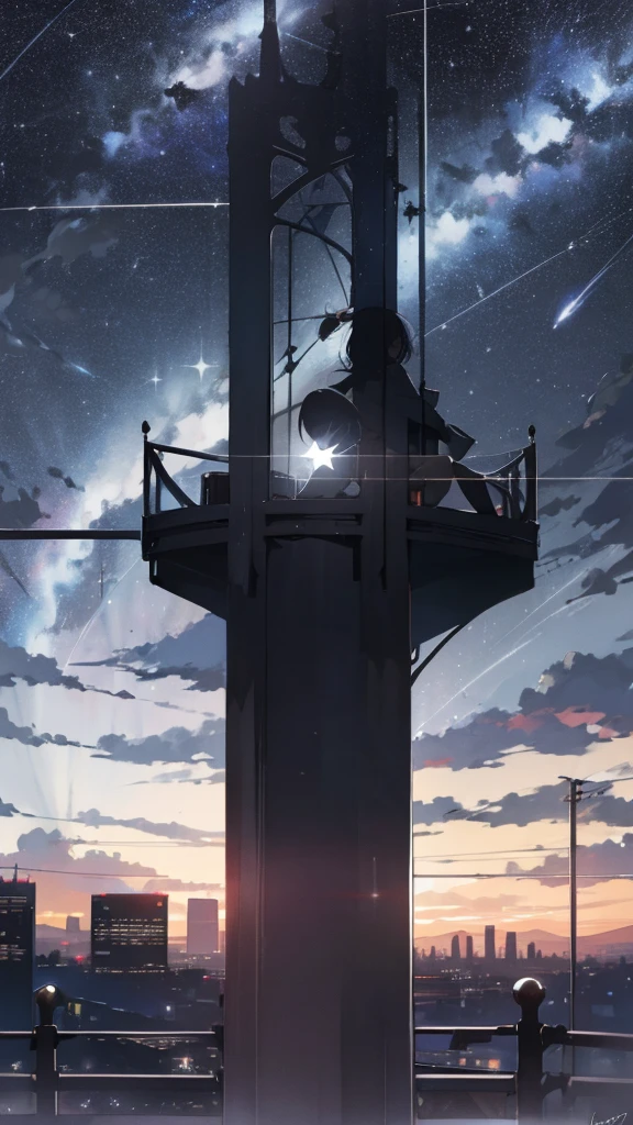 High resolution 8k, no, Bright light, acetate, null, star (null), View, starry null, at night, 1 Girl, at night null, alone, Outdoor, sign, building, cloud, Milky Way, sit, wood, Long Hair, city, silhouette, cityscape, Short Bob Hair, Black Hair