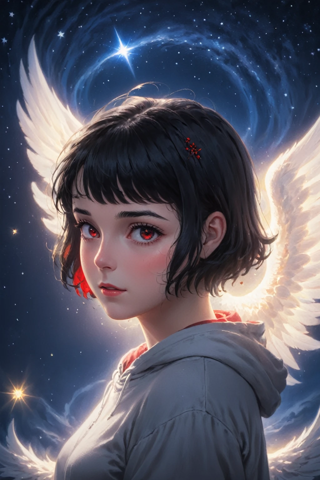 A child looks at the sky amazed and happy. A phoenix engulfed in flames flies overhead, at night, sparks, contrasting color, stars, fire, contrasting colors, fire lighting, textures, details intricate --auto --s2