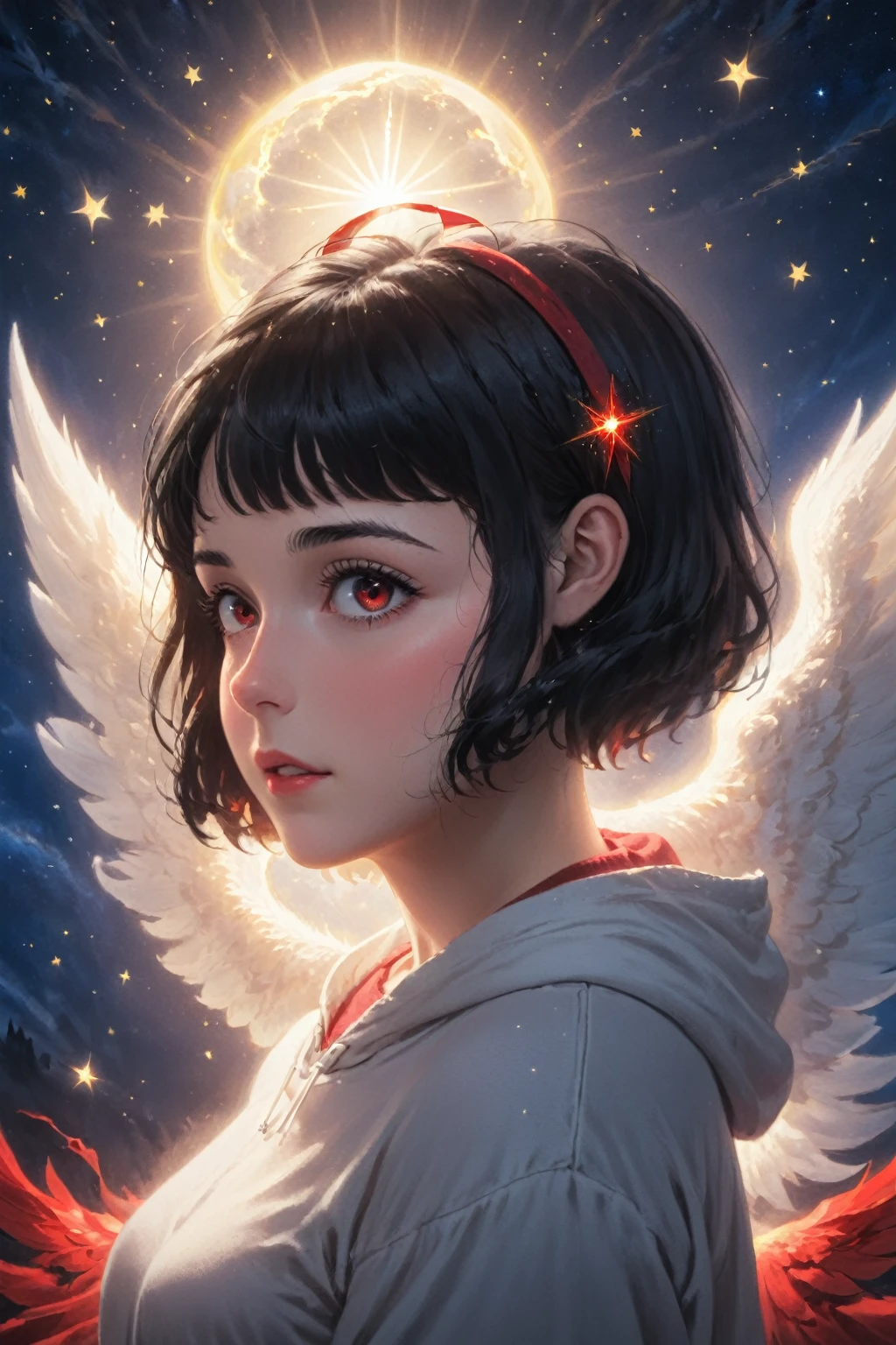 Moderate,(high resolution,8K,close up,samdoesarts style,black short hair,Red Eyes,Detailed facial features,Starry night sky) High Detail,8K,close up,samdoesarts style,(((a woman with short Black Hair and Red Eyes))),((with Detailed facial features)),背景是Starry night sky和银河,1 Girl,beautiful girl,teenager,White_skin,shining_skin,charm,full,Thin face,Air bangs,short hair,Black Hair,Red Eyes,Half closed eyes,hoodie,full_shooting,(Sunlight),(Angel),Dynamic Angle, floating, wing, Halo, floating White silk,(Holy Light),Silver Star,