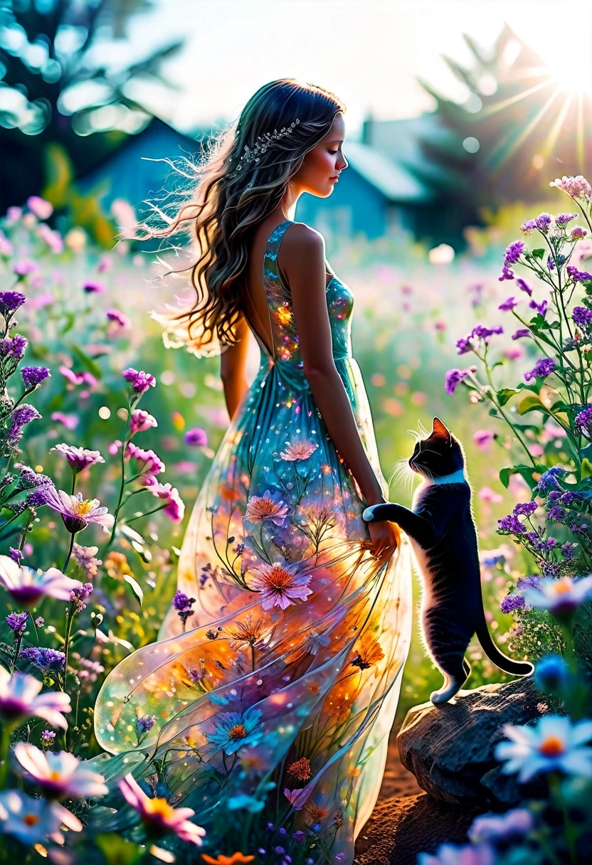 Envision a whimsical scene where a curious cat and a carefree girl meander through a lush, transparent flower field. The cat's fur should shimmer with iridescent colors, as if infused with the subtle glow of encaustic resin. The girl's dress and hair should be adorned with delicate, swirling patterns that evoke the dreamy quality of transparent wax. The flowers should be visible through her dress, creating a sense of ethereal wonder. The cat and girl should be positioned in a playful, relaxed pose, as if lost in a joyful reverie. The overall atmosphere should be one of enchantment, with soft, feathery textures and delicate shading that captures the soft focus of encaustic resin art.