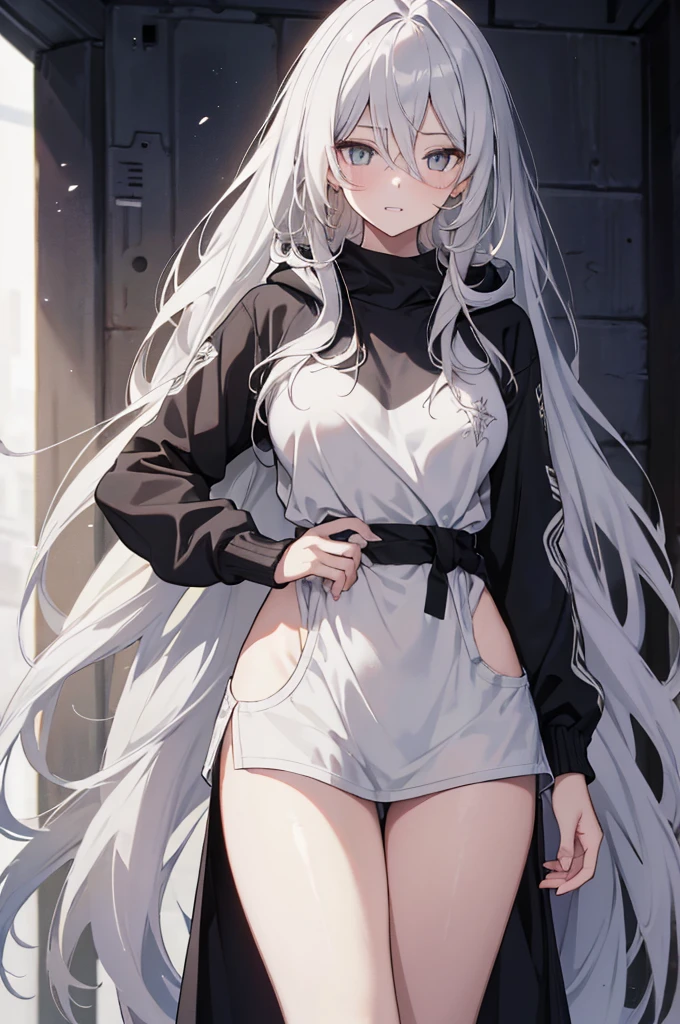 1girl, {Solitary}, Upper Body ,{{ {Watching at viewer}}}, Arms at your sides, Concept Art, white Background, simple Background, White hair, Silver gradient hair , Composite cloth, Asymmetrical clothes, Virtual YouTuber, best quality, masterpiece, Dynamic Angle, , cowboy_shooting, Watching_Back, grab, girl,Miss,woman, young,20 years old, Very long hair, Hair Flip, Silver Hair, Flowing hair, Ahog, giggle, Beautiful and delicate golden eyes, teeth, Large Breasts, Blonde eyes, White skin, hoodie, Black_shorts, Gray clothes, transparent_Background, Backlighting, absurd, high resolution, Extremely detailed,sweater,No pants