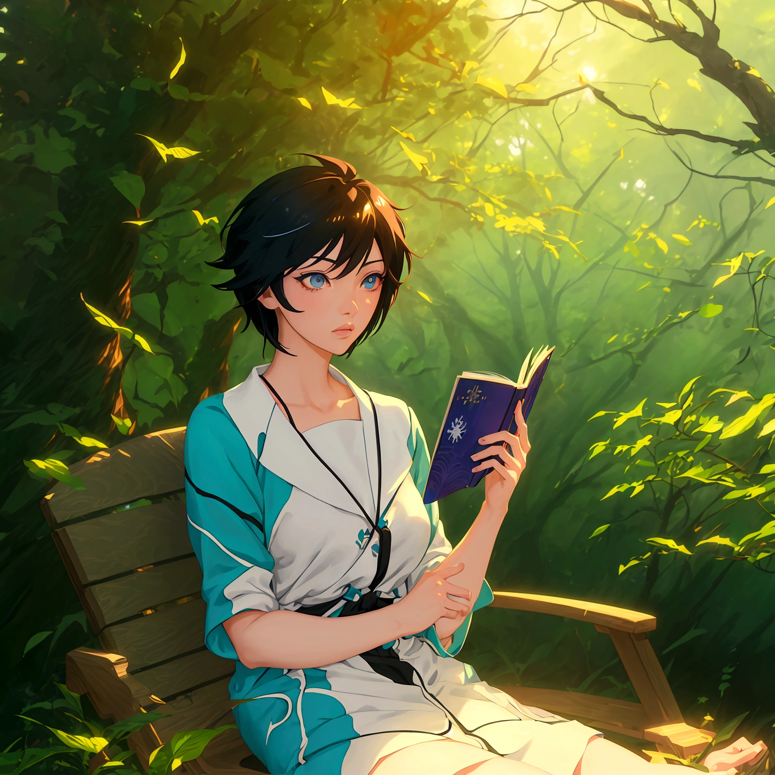 A beautiful anime girl sitting on a bench in a lush forest, reading a book, (beautiful detailed eyes, beautiful detailed lips, extremely detailed eyes and face, long eyelashes), (masterpiece, best quality, 8k, ultra-detailed, hyperrealistic, photo-realistic, intricate details, vivid colors, studio lighting), (soft lighting, natural lighting, warm lighting), (anime, digital art, 3d render, concept art), (new wave anime, slice of life, cinematic), (Shinkai Makoto, Cyril Rolando, Shinkai Makoto art style), (Shinkai Makoto, by Shinkai Makoto, Shinkai Makoto style)