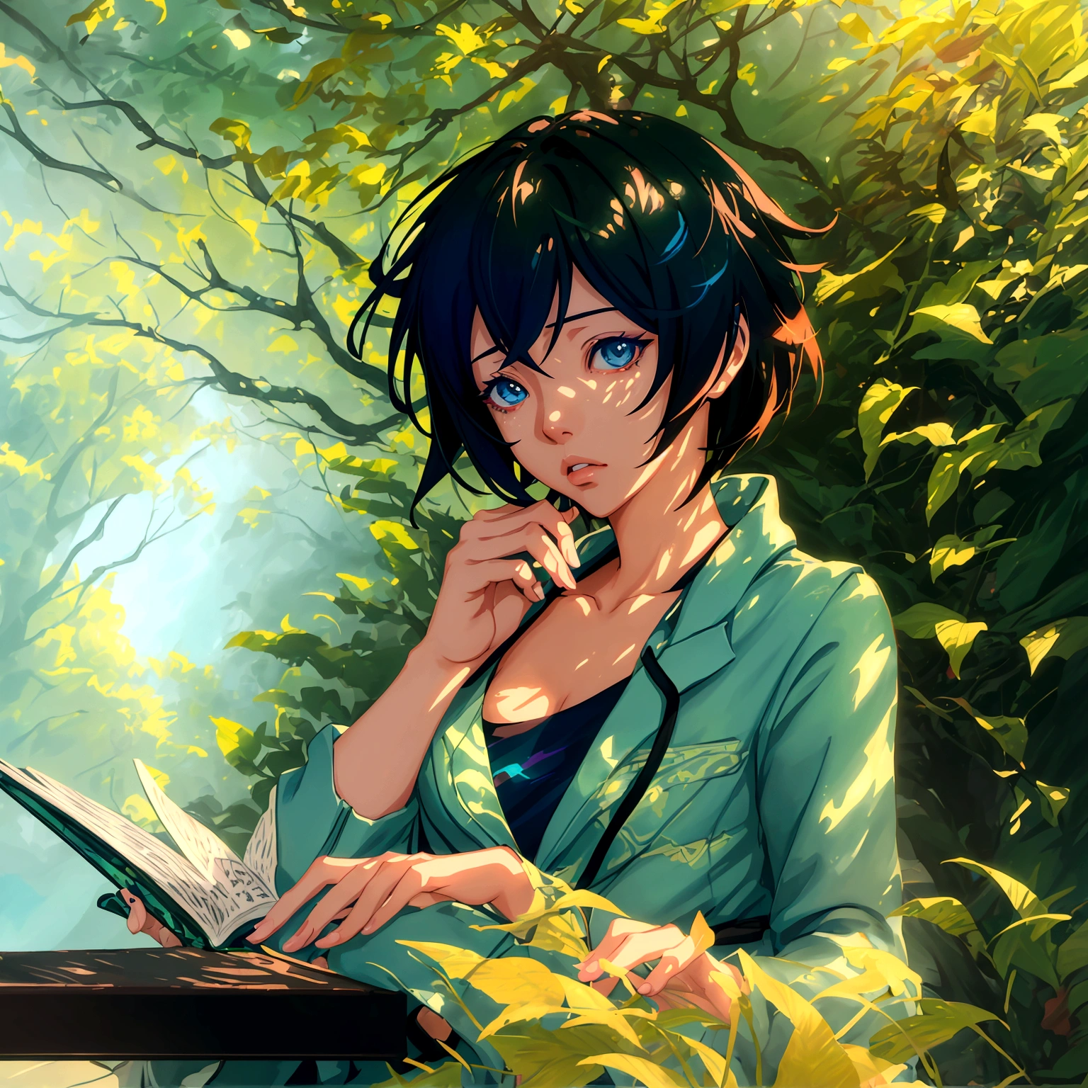 A beautiful anime girl sitting on a bench in a lush forest, reading a book, (beautiful detailed eyes, beautiful detailed lips, extremely detailed eyes and face, long eyelashes), (masterpiece, best quality, 8k, ultra-detailed, hyperrealistic, photo-realistic, intricate details, vivid colors, studio lighting), (soft lighting, natural lighting, warm lighting), (anime, digital art, 3d render, concept art), (new wave anime, slice of life, cinematic), (Shinkai Makoto, Cyril Rolando, Shinkai Makoto art style), (Shinkai Makoto, by Shinkai Makoto, Shinkai Makoto style)