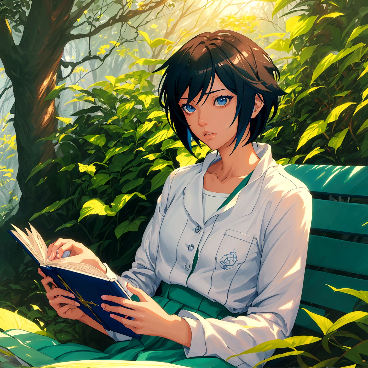 A beautiful anime girl sitting on a bench in a lush forest, reading a book, (beautiful detailed eyes, beautiful detailed lips, extremely detailed eyes and face, long eyelashes), (masterpiece, best quality, 8k, ultra-detailed, hyperrealistic, photo-realistic, intricate details, vivid colors, studio lighting), (soft lighting, natural lighting, warm lighting), (anime, digital art, 3d render, concept art), (new wave anime, slice of life, cinematic), (Shinkai Makoto, Cyril Rolando, Shinkai Makoto art style), (Shinkai Makoto, by Shinkai Makoto, Shinkai Makoto style)