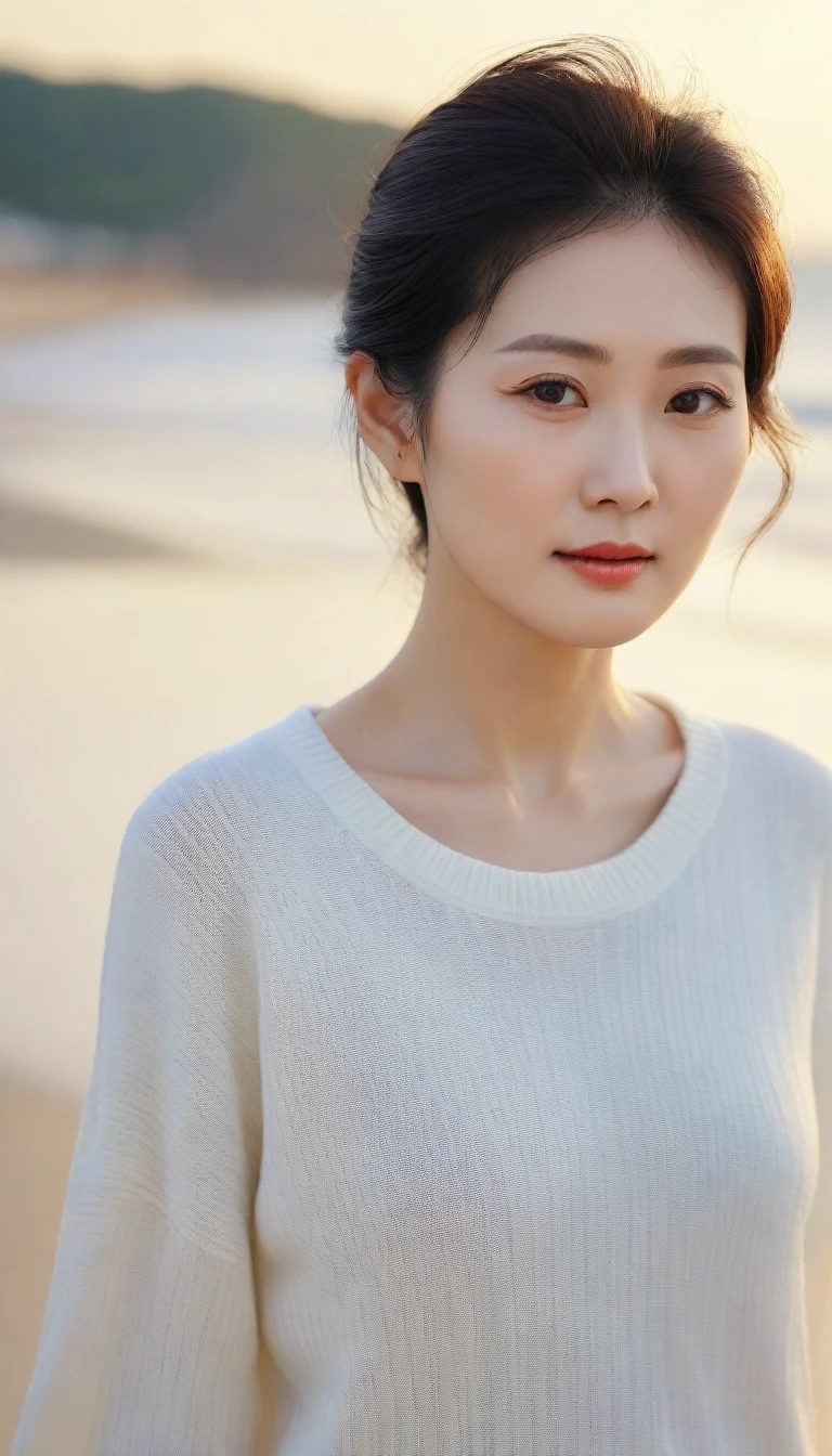 Close up of beautiful Korean woman, Chest size 34 inches, Wearing a rolled-up sleeve sweater, Wearing a fancy dress, sunset on the beach,바다에 잔광이 비치네sunset on the beach 붉은 태양,A strong lingering scent is reflected in the sea., Beautiful 46-year-old short Korean woman, uhd