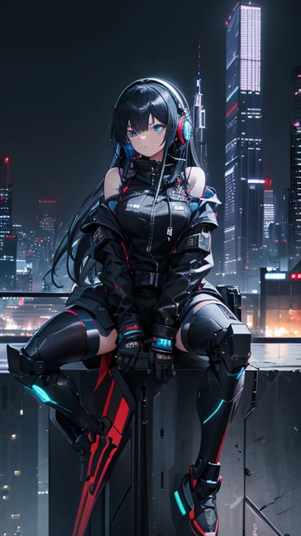 Highest quality、masterpiece、night、Headphones、cyber punk、Cyber City、Sitting on high ground、Long Shot、Wide Shot、One Girl,Detailed arm count High resolution, Super detailed, Highly detailed CG Unity 8k wallpaper,bike,night,Slanted Eyes, A wonderful composition,Cityscape,Strong color contrast,