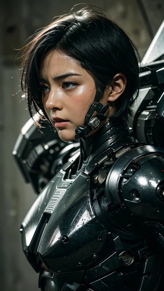 Textured skin, Very detailed, Attention to detail, high quality, 最high quality, High resolution, 1080P, hard disk, beautiful,(War Machine),beautifulサイボーグ女性,Mecha Cyborg Girl,Battle Mode,Girl with a mechanical body Black Hair Short Hair Boyish Dark green armor Sweaty and wet face (Being slammed into a wall)(Headgear breaks and flies off) (Debris flying away)Steam coming from the head Steam coming out of the whole body Painful expression Please open your mouth wide Snug-fitting headgear Black Inner Suit Full body portrait Gas mask with a long nozzle(front)