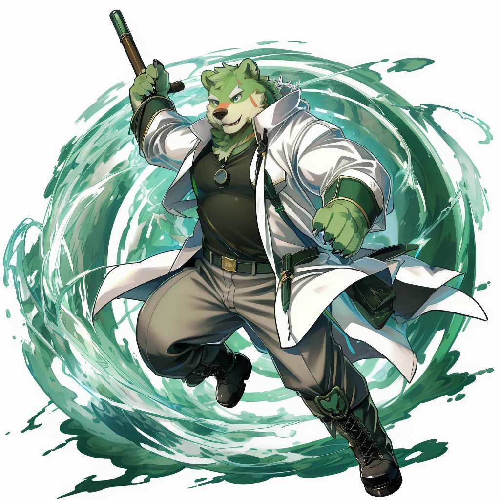 anthro, kemono, male, solo, (((anthro bear))), (((green bear))), (((green fur))), green hair, red eyes, beard, white eyebrows, mature, white background, mage staff, magic, ((((black t-shirt inside), (((white long coat unhooded))), gray trousers, military boots))), full body, splash art, (((action pose))), mage pose,