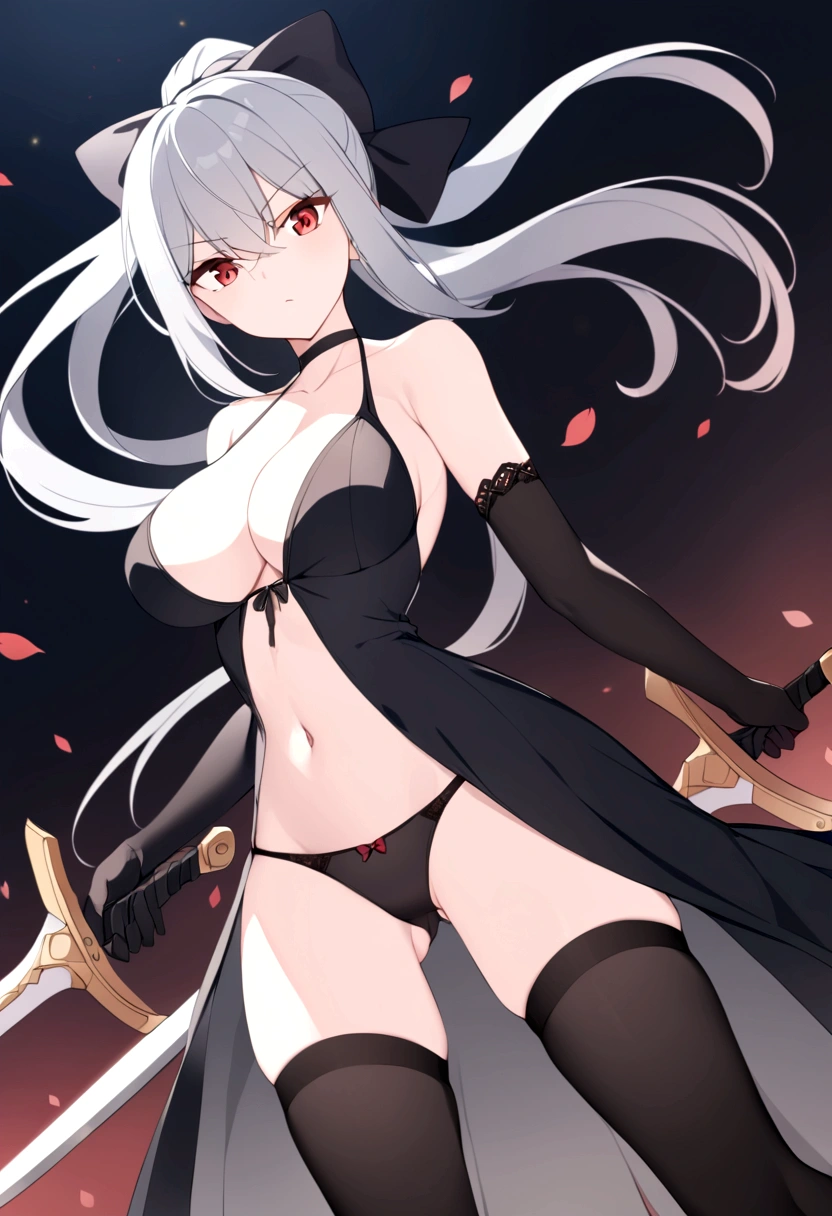 slender, mature female, 1girl, breasts, rating:safe, gloves, long_hair, weapon, choker, red_eyes, sword, petals, solo, navel, thighhighs, cleavage, holding, ponytail, large_breasts, bare_shoulders, elbow_gloves, silver_hair, looking_at_viewer, black_panties, collarbone, very_long_hair, holding_sword, black_legwear, holding_weapon, dress, underwear, panties, ass_visible_through_thighs, bangs, eyebrows_visible_through_hair, sidelocks, closed_mouth, bow, jewelry, dual_wielding, black_gloves, hair_between_eyes, ribbon, black_choker, stomach, halterneck, thighs, dutch_angle, standing, floating_hair, night, center_opening, revealing_clothes