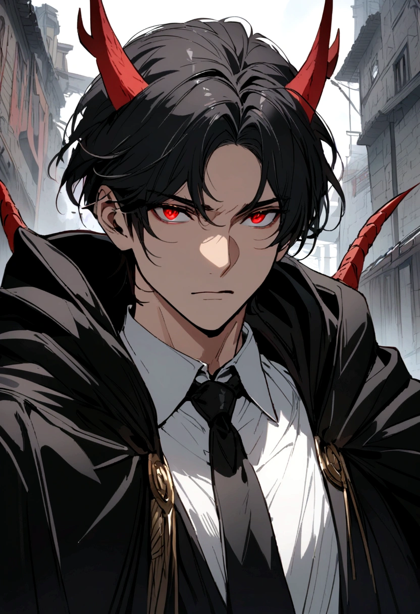 The man has black hair, gray and red eyes, has red dragon ears, wears a white shirt and wears a black tie, wears a black robe.