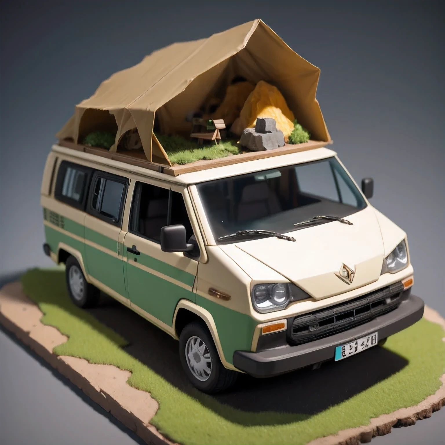there is a small model of a camper van in a cave, stylized 3d render, 3d illustration, 3 d illustration, highly detailed diorama, 3 d low poly render, 3d low poly render, low poly 3 d, highly detailed sculpey diorama, lowpoly, low poly render, diorama model, low poly 3 d render, diorama