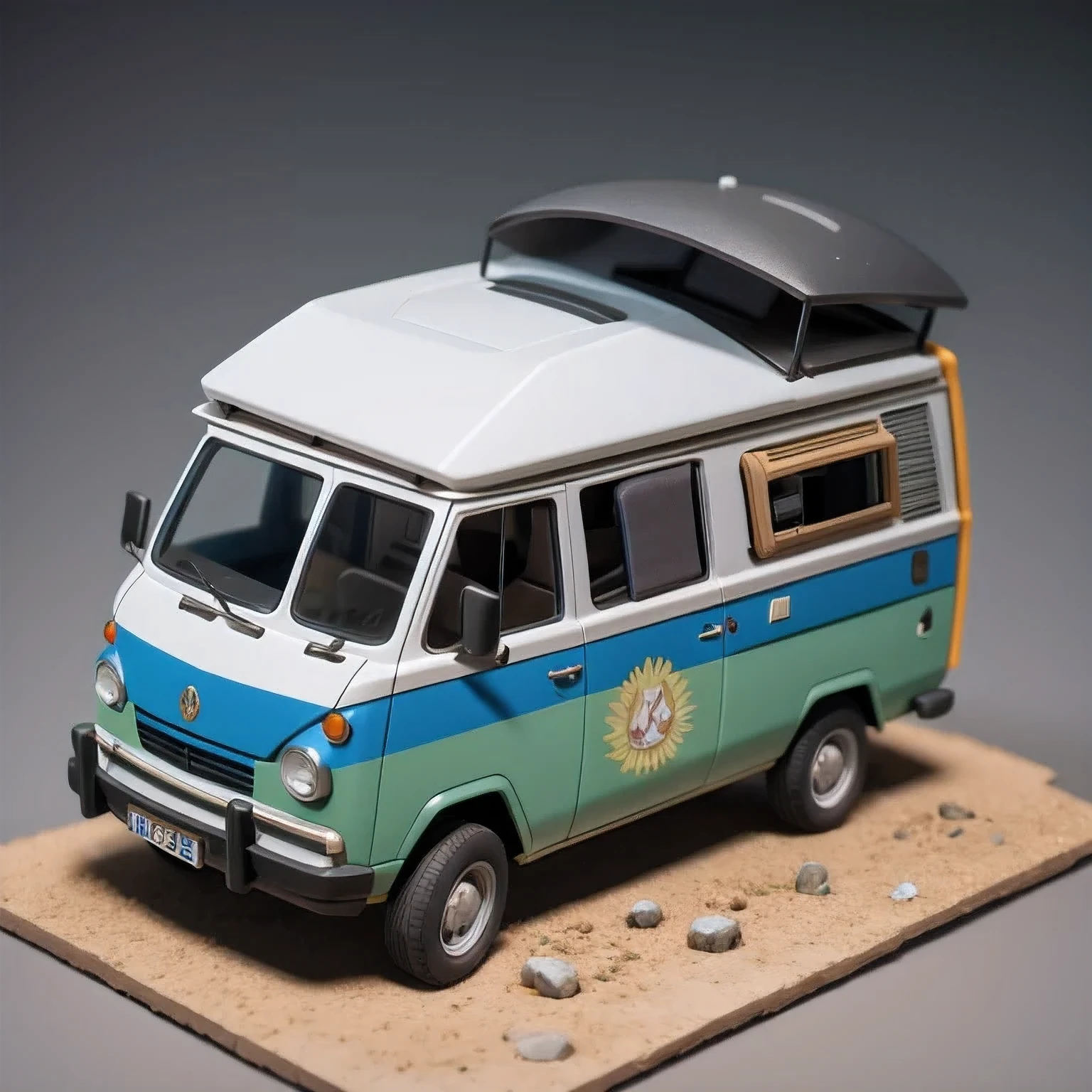 there is a small model of a camper van in a cave, stylized 3d render, 3d illustration, 3 d illustration, highly detailed diorama, 3 d low poly render, 3d low poly render, low poly 3 d, highly detailed sculpey diorama, lowpoly, low poly render, diorama model, low poly 3 d render, diorama