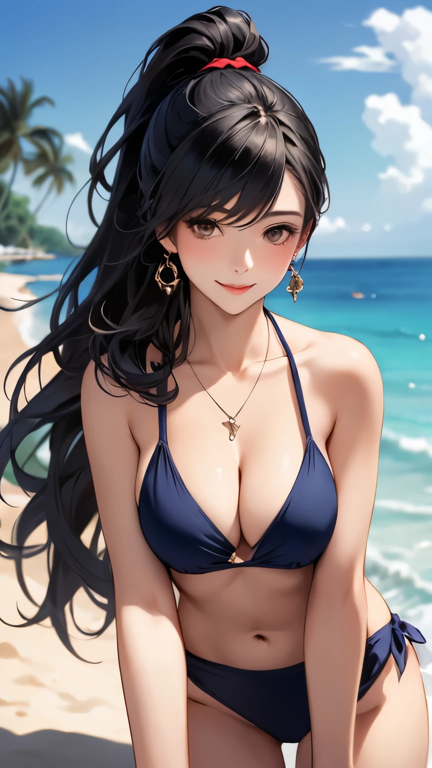 (masterpiece:1.3, top-quality, ultra high res, ultra detailed), (realistic, photorealistic:1.4), beautiful illustration, perfect lighting, natural lighting, colorful, depth of fields,
looking at viewer, (pov, close shot), 1 girl, japanese, high school girl, perfect face, cute and symmetrical face, shiny skin, tanned skin
(long hair:1.2, ponytail:1.2, blonde hair), orange eyes, (llarge breasts, seductive thighs), thighs,
beautiful hair, beautiful face, beautiful detailed eyes, beautiful clavicle, beautiful body, beautiful chest, beautiful thigh, beautiful legs, beautiful fingers,
((navy bikini)), necklace,
(beautiful scenery), evening, (tropical beaches), standing, (lovely smile, upper eyes),