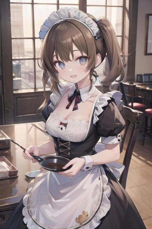 Solo Girl, 16 years old,, Twin tail hair, Light brown hair, Brown eyes, Center of chest, Highest quality, High resolution, Very detailed, Detailed Background, Perfect lighting、Inside the maid café、Are standing,Holding an omelet,Put on the table,Cute maid outfit、very cute,Large Breasts,Cute eyes,Puffy eyes,smile,