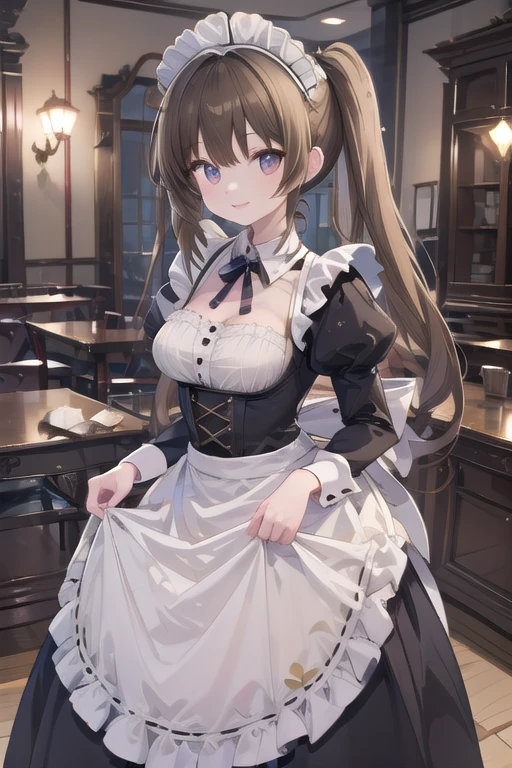 Solo Girl, 16 years old,, Twin tail hair, Light brown hair, Brown eyes, Center of chest, Highest quality, High resolution, Very detailed, Detailed Background, Perfect lighting、Inside the maid café、Are standing,Holding an omelet,Put on the table,Cute maid outfit、very cute,Large Breasts,Cute eyes,Puffy eyes,smile,