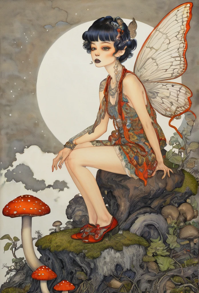 horror painting , in the style of  takato yamamoto, style of Ravi Zupa, super cute pixie,sitting on a mushroom [ hyperdetailed trippy mushroom], [hyperdetailed and hyperrealistic], fantasy real,[breath taking place], dressed in nomad clothing,clever and stylish ,pixie's wings