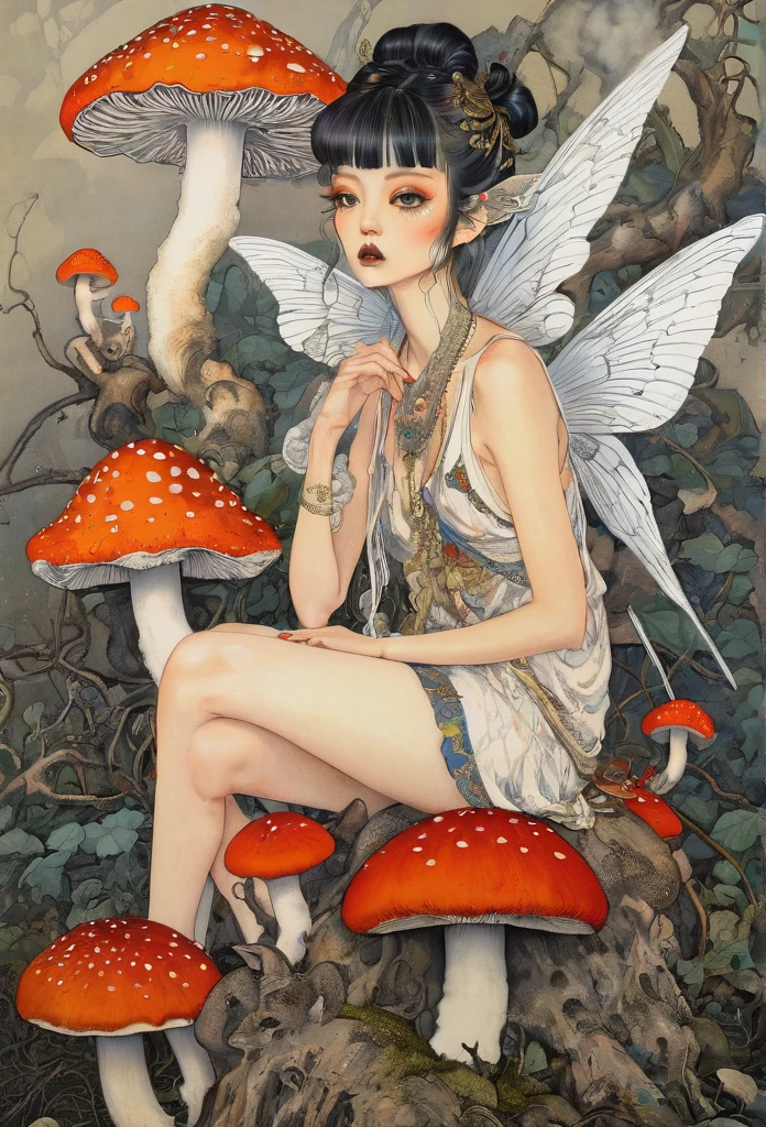 horror painting , in the style of  takato yamamoto, style of Ravi Zupa, super cute pixie,sitting on a mushroom [ hyperdetailed trippy mushroom], [hyperdetailed and hyperrealistic], fantasy real,[breath taking place], dressed in nomad clothing,clever and stylish ,pixie's wings