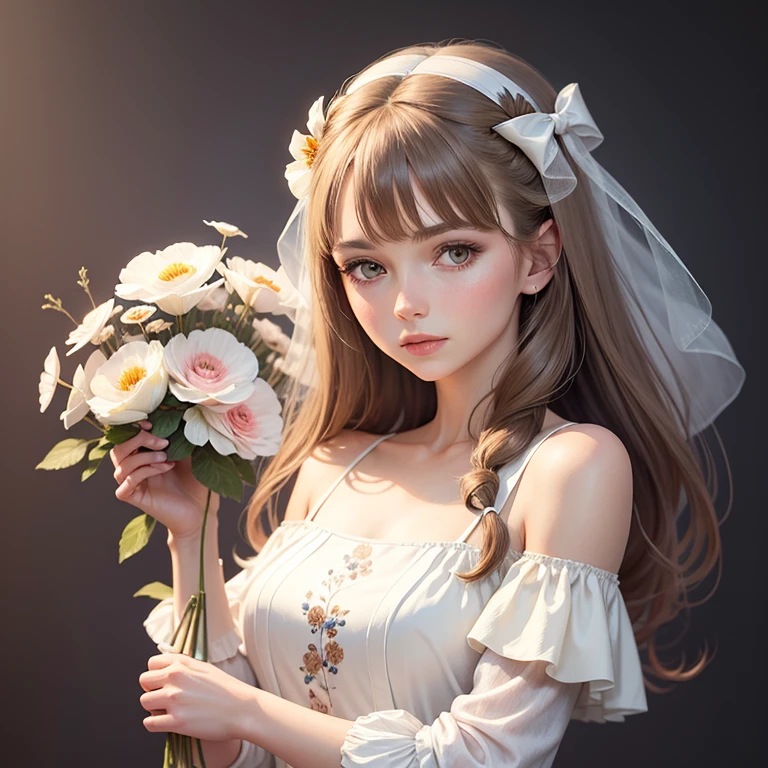 watercolor, airbrush white woman with tousled shoulder-length brown hair, with a white ribbon in her hair in a silk dress with a print of delicate anemones with a bouquet of delicate anemones in her hands, free pose, dark background