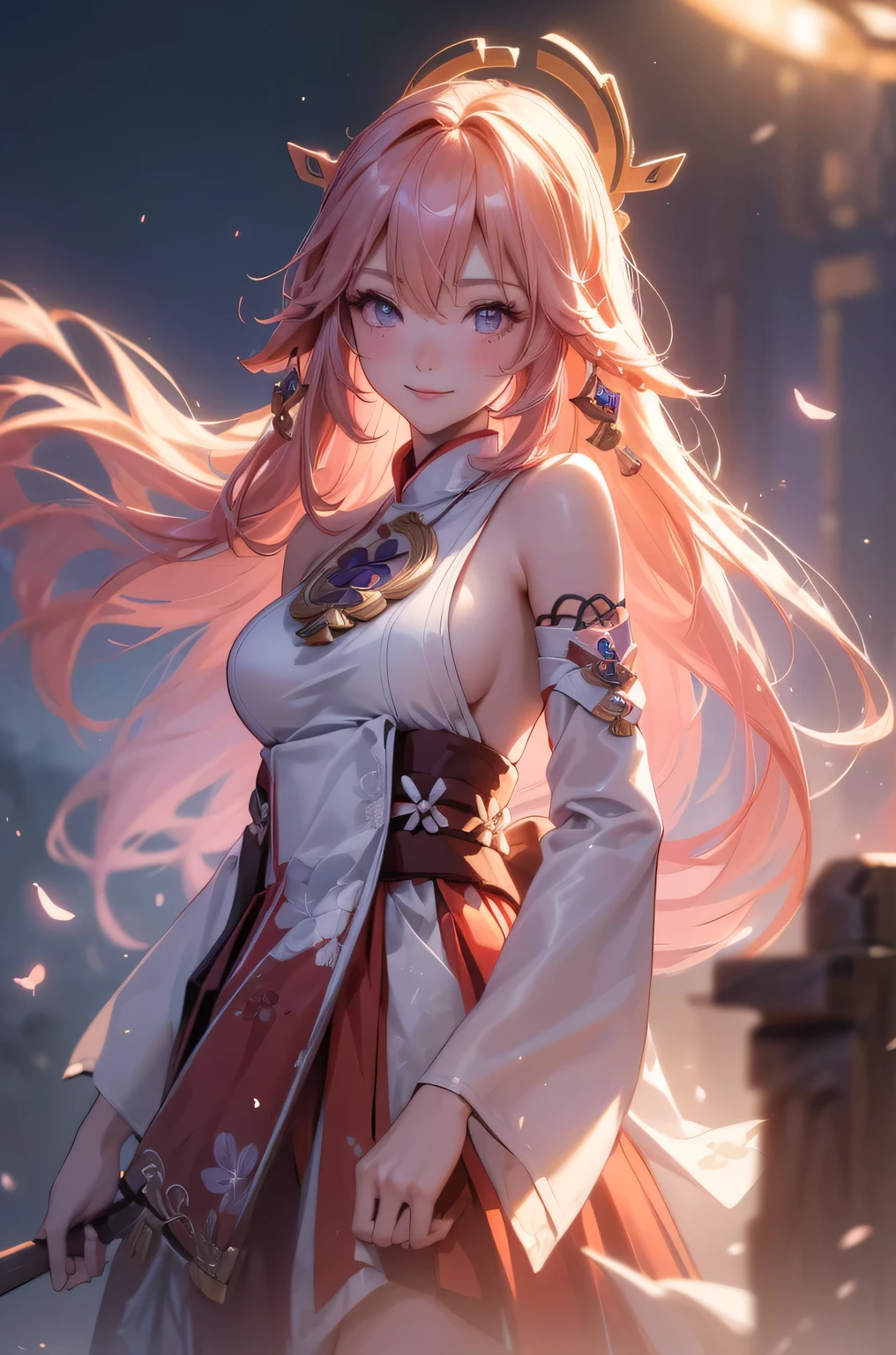 ((yaemikodef)):1.5, ((masterpiece,Highest quality,Highly detailed images,Beautiful images、Dutch Angle)), (Image of yaemiko smiling in front of lightning、Overall dim lighting、Backlight、Strong backlighting、Fantastic dark atmosphere、Thick Fog、Dust flutters),(Dynamic pose)1.2, sideboob