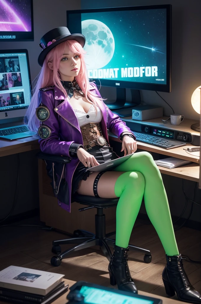 a woman sitting using a computer on the computer screen says 'LOFI 204' in green. She has long blonde hair with pink, orange and blue tones. Her attire is stylish, with elements such as a long steampunk leather jacket and a pink top hat decorated with steampunk gear. The scene shows a room, an unmade bed with a white cat sleeping on the bed, the room has a window that shows the star sky and the moon. On the table next to the laptop is a glass with a whiskey-like drink. The room shows light shades of purple and neon green in the cyberpunk style, photo, illustration, poster