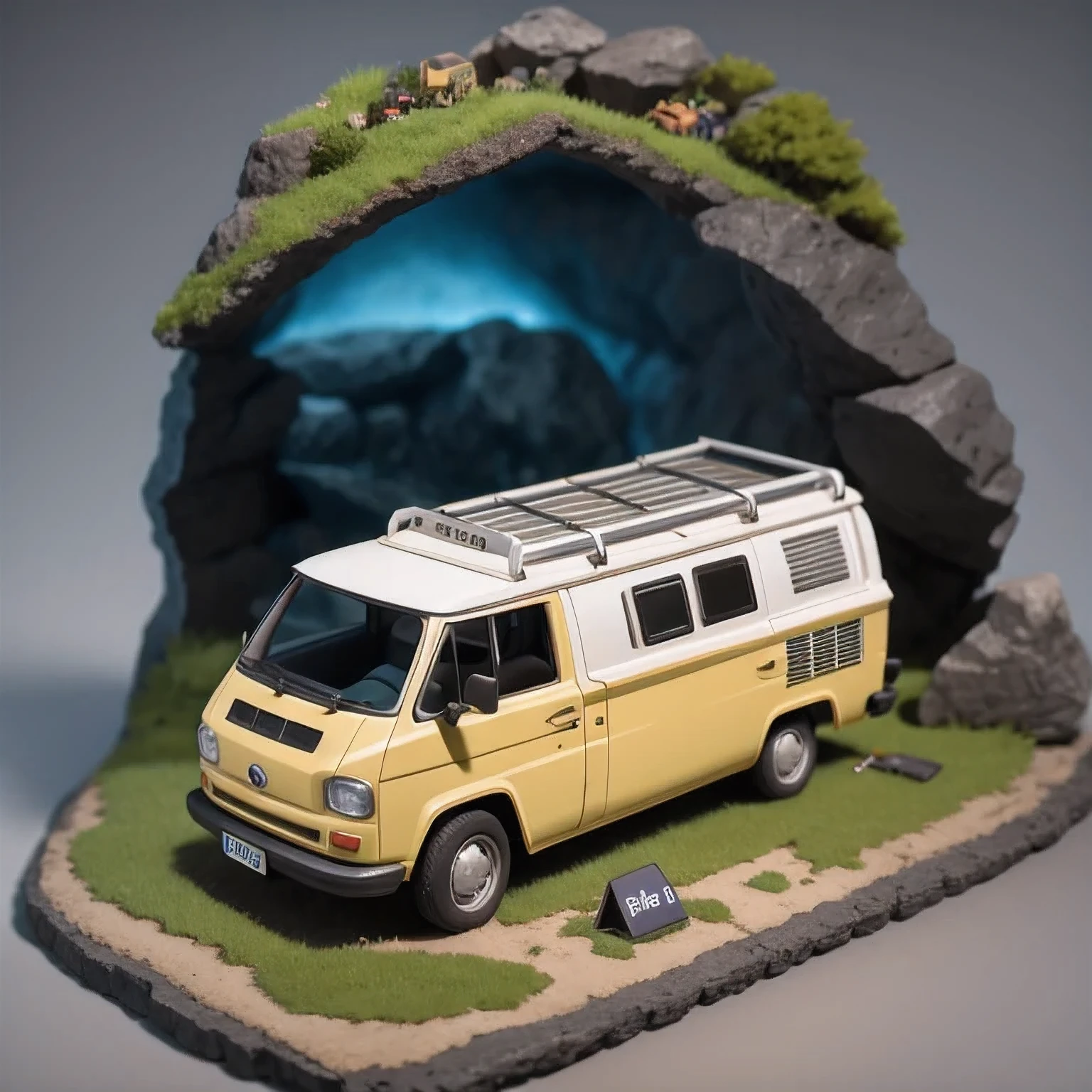 there is a small model of a camper van in a cave, stylized 3d render, 3d illustration, 3 d illustration, highly detailed diorama, 3 d low poly render, 3d low poly render, low poly 3 d, highly detailed sculpey diorama, lowpoly, low poly render, diorama model, low poly 3 d render, diorama