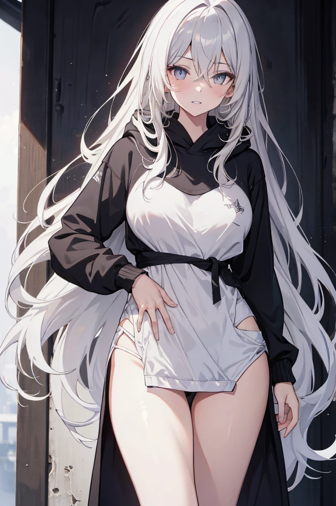 1girl, {Solitary}, Upper Body ,{{ {Watching at viewer}}}, Arms at your sides, Concept Art, white Background, simple Background, White hair, Silver gradient hair , Composite cloth, Asymmetrical clothes, Virtual YouTuber, best quality, masterpiece, Dynamic Angle, , cowboy_shooting, Watching_Back, grab, girl,Miss,woman, young,20 years old, Very long hair, Hair Flip, Silver Hair, Flowing hair, Ahog, giggle, Beautiful and delicate golden eyes, teeth, Large Breasts, Blonde eyes, White skin, hoodie, Black_shorts, Gray clothes, transparent_Background, Backlighting, absurd, high resolution, Extremely detailed,sweater,No pants