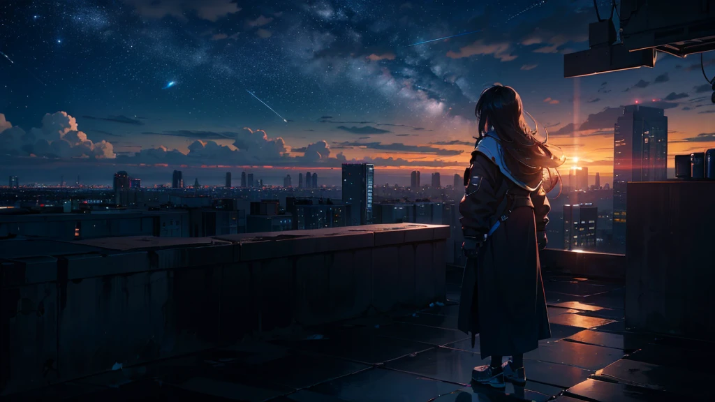 Octane, null, star (null), scenery, starry null, night, 1. Back view of an adult woman, night null, sunrise、alone, Outdoor, building, cloud, milky way,Are standing, Long Hair, Boyish clothes、city, silhouette, cityscape、roof of the building