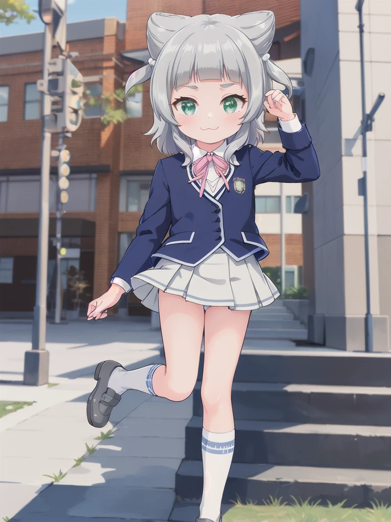 Outdoor,((School building)),1girl,Green Eyes, Grey Hair, hair ornaments, bangs, Virtual YouTuber, blunt bangs, Double Bang, Animal ears, Flat Chest,Pee Uniform,Navy Blue Blazer,White shirt,Pink ribbon,Grey Skirt,Pink Panties,White long socks,Black low heels, :3,1boy,1boy head skirt