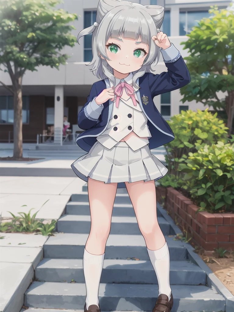 Outdoor,((School building)),1girl,Green Eyes, Grey Hair, hair ornaments, bangs, Virtual YouTuber, blunt bangs, Double Bang, Animal ears, Flat Chest,Pee Uniform,Navy Blue Blazer,White shirt,Pink ribbon,Grey Skirt,Pink Panties,White long socks,Black low heels, :3,1boy,1boy head skirt