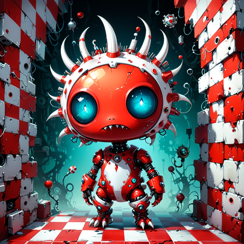 Red and white checkered background,(best qualityer,4K,8K,high resolution,work of art:1.2),ultra detali,surrealist style,not Daniel Merriam style,adorable style biopunk monster concept,character concept design,
break
(full-featured_outlet:1.2),negative spatial composition,