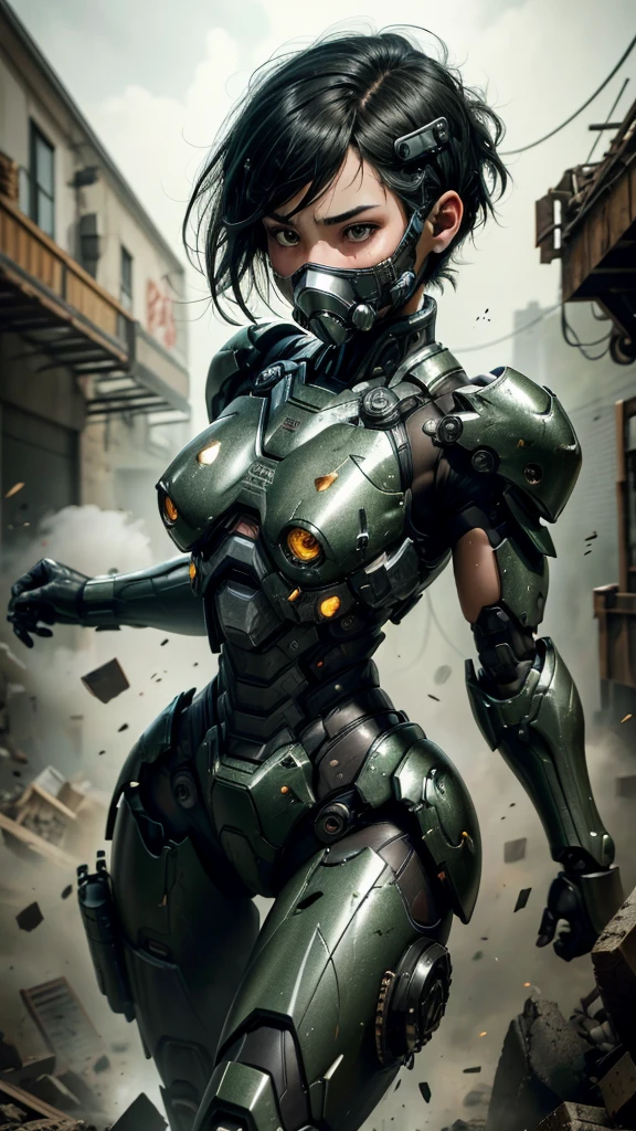 Textured skin, Very detailed, Attention to detail, high quality, 最high quality, High resolution, 1080P, hard disk, beautiful,(War Machine),beautifulサイボーグ女性,Mecha Cyborg Girl,Battle Mode,Girl with a mechanical body Black Hair Short Hair Boyish Dark green armor Sweaty and wet face (Being slammed into a wall)(Headgear breaks and flies off) (Debris flying away)Steam coming from the head Steam coming out of the whole body Painful expression Please open your mouth wide Snug-fitting headgear Black Inner Suit Full body portrait Gas mask with a long nozzle(front)