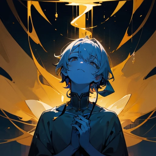 male、youth、Beautiful Boy、Scary、Cold Gray、Glowing golden、Blue Blood、Cover your face with your hands、Looking up、disappointment、Apathy、melancholy、dark