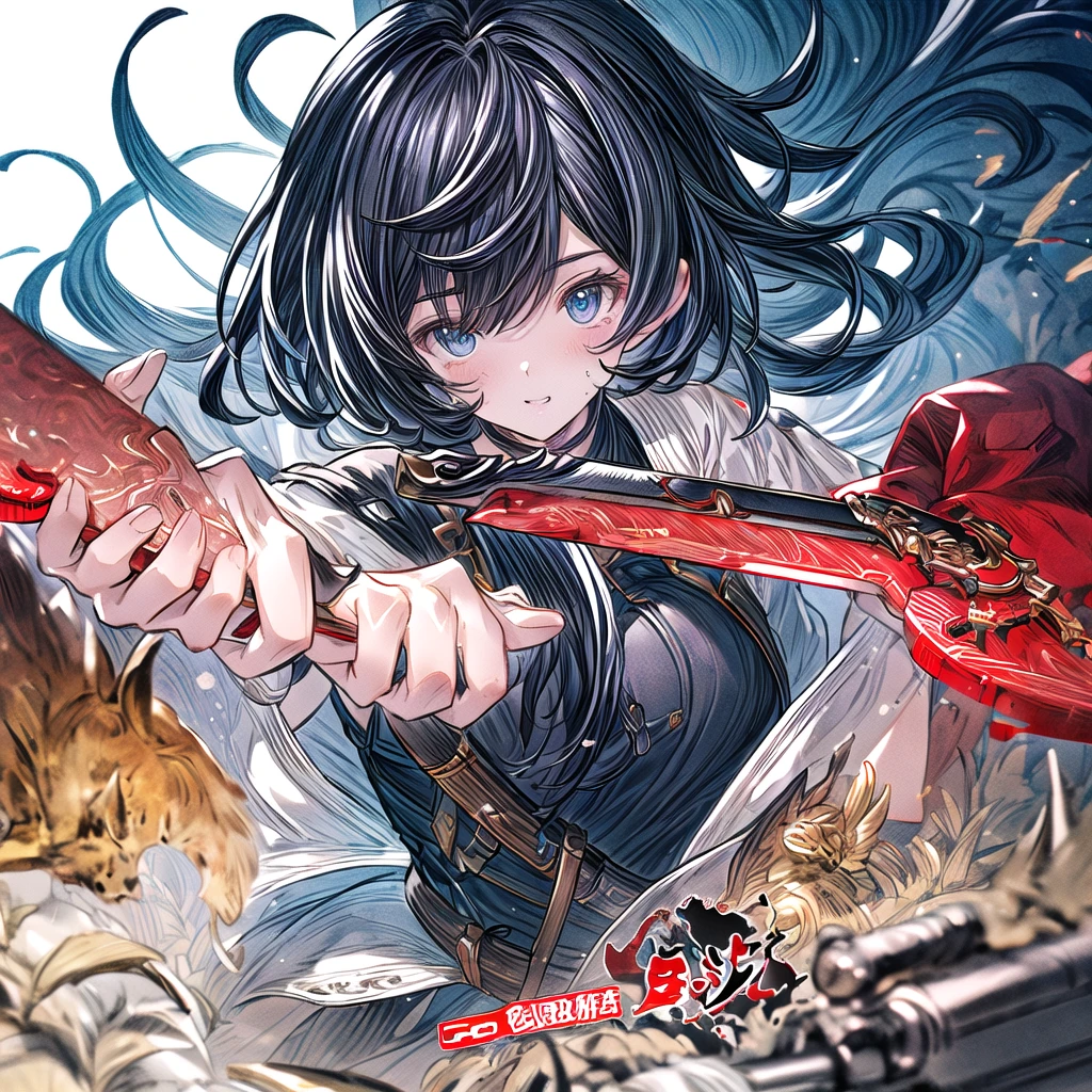 One girl、Dynamic configuration、[17277fbe68],threatened hideo、high quality、Maximum details、(((最high quality、最高masterpiece、Official Art、最高のDynamic configuration)))、(Thin Hair)、(Tabletop, 最high quality), Very detailed, Anime Style, Concept Art、whole body, (masterpiece), 最high quality, Fantasy art,whole body、masterpiece、最high quality、(colorful)、（Beautifully detailed eyes and face）、Cinema Lighting、Extremely detailed CG、Super huge、whole body、wallpaper、Uniforms with weapons in Wonderland, (((Everybody wears black and red ))), sheath, knife, 日本knife, knife, 黒いknife,weapons,Barren Land、White Background、