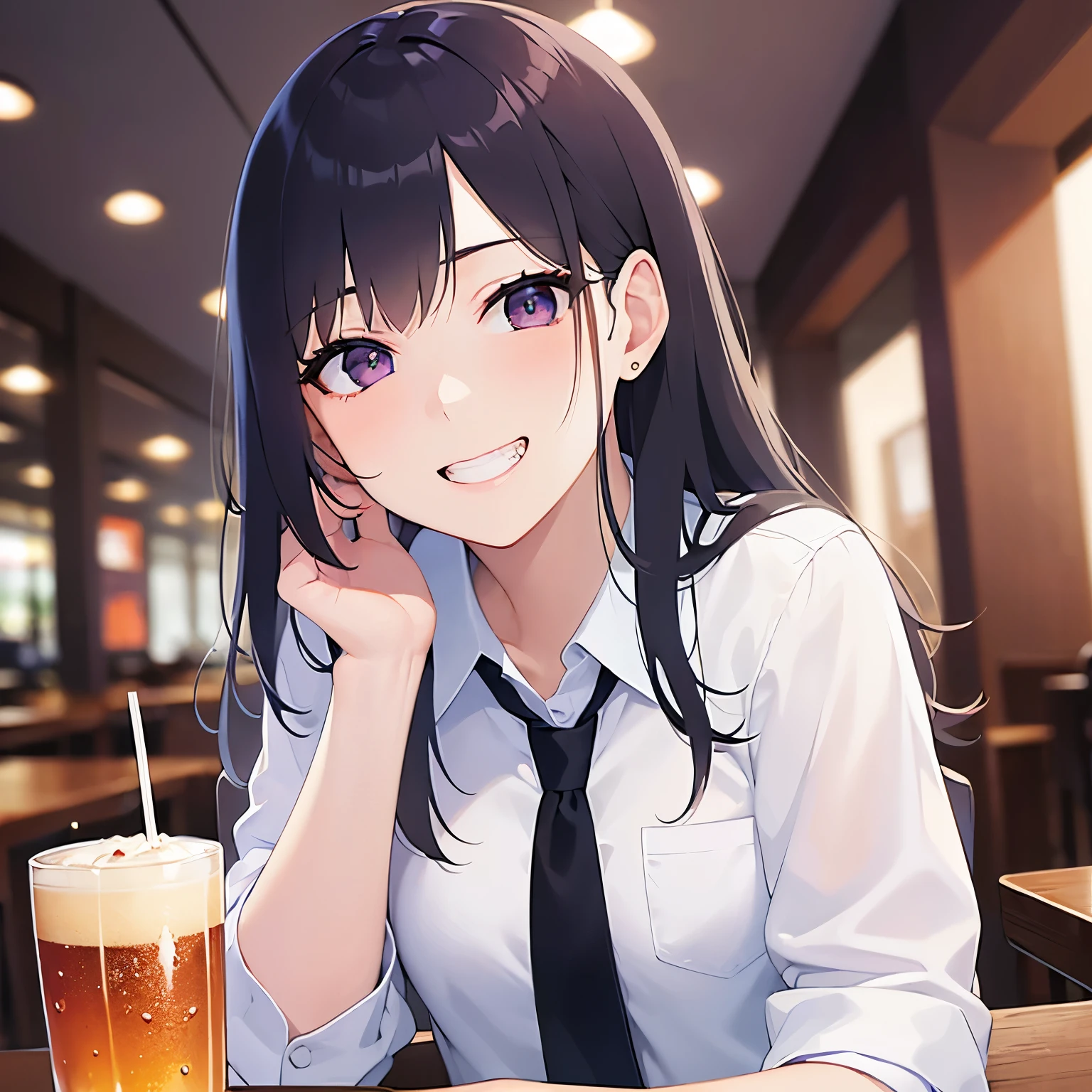 Close-up of your face、holding a beer, Biologically correct five fingers、Realistic, real person, (pale skin: 1.2), RAW photo, photorealistic, shiny skin, shiny hair、(A 25-year-old woman with straight hair and bangs) and (medium hair) and (black hair) and (purple eyes) , BREAK (white collared shirt) BREAK (grin:1.3), The background is the interior of a restaurant at night.、Alone