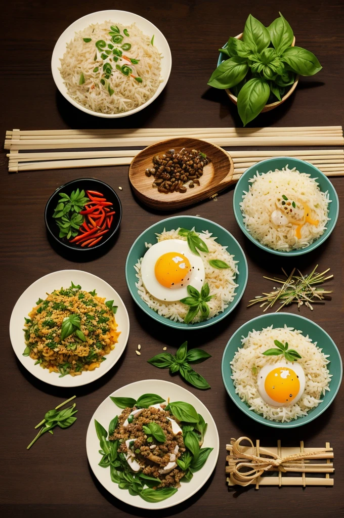 Infographics, simple illustrations Woodcut style
Stir-fried rice with basil, minced pork and fried egg
1. Prepare the ingredients: garlic, bird's eye chilli, basil leaves and steamed rice.