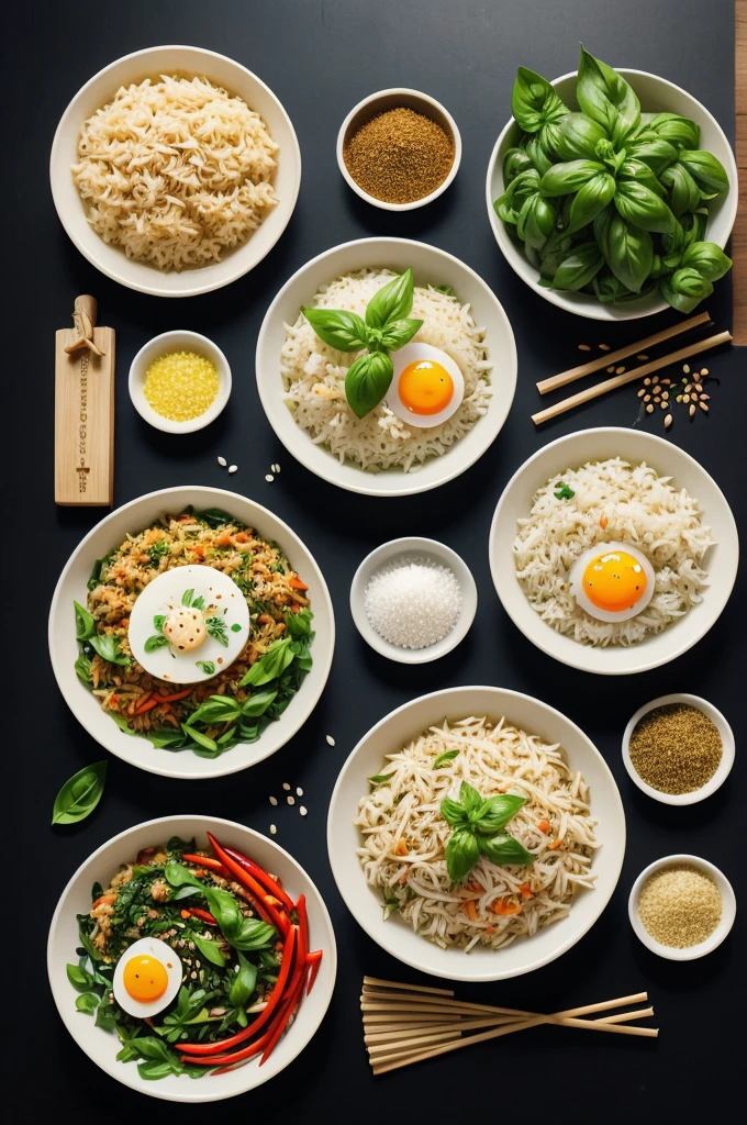 Infographics, simple illustrations Woodcut style
Stir-fried rice with basil, minced pork and fried egg
1. Prepare the ingredients: garlic, bird's eye chilli, basil leaves and steamed rice.