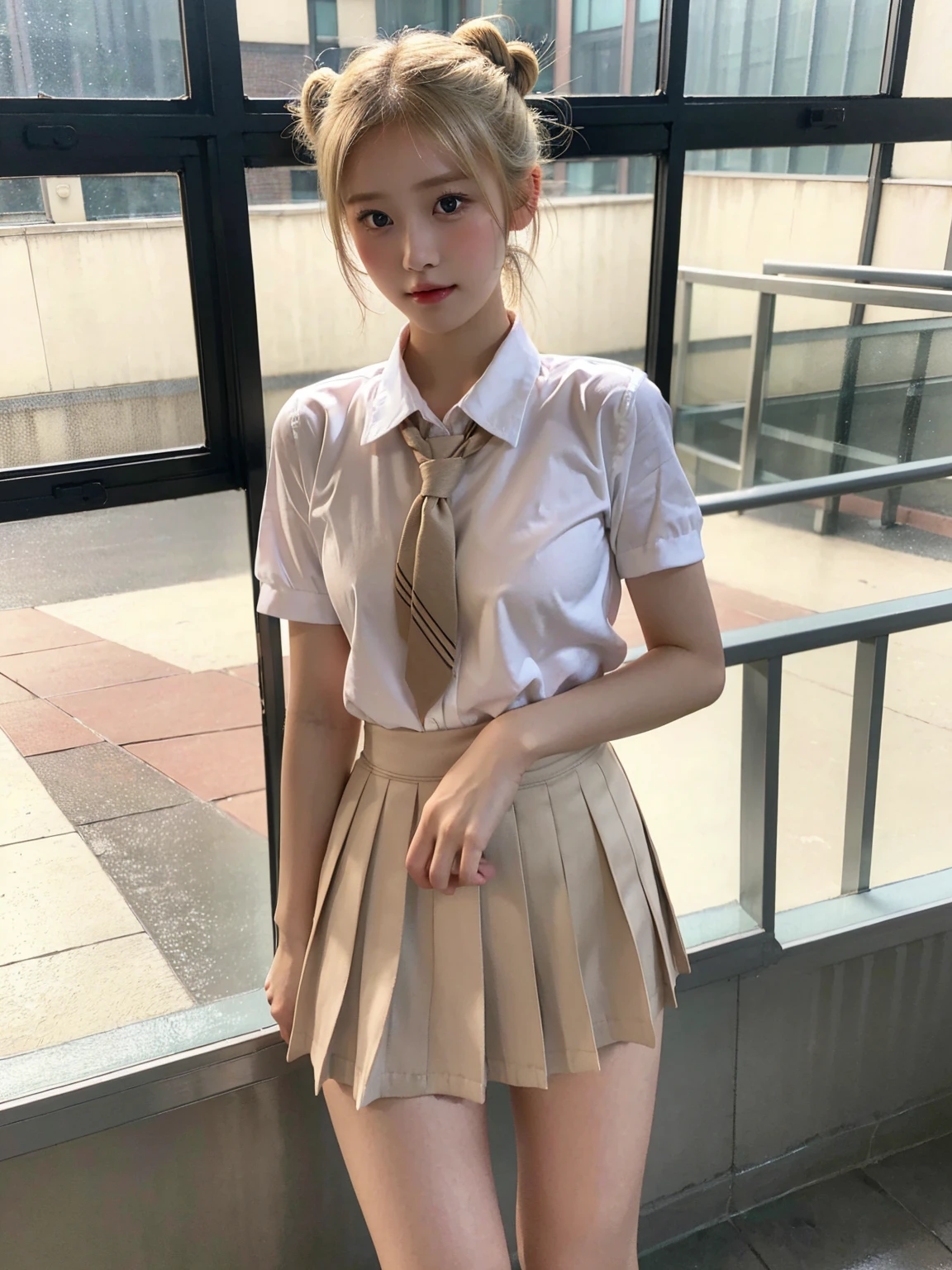 (masterpiece, best quality, high quality, realistic), (1girl, solo, standing, straight-on, head to thigh, embarrassed, blush), (double bun, blonde hair), (nsfw), (school uniform, bottomless, nipple, pussy)