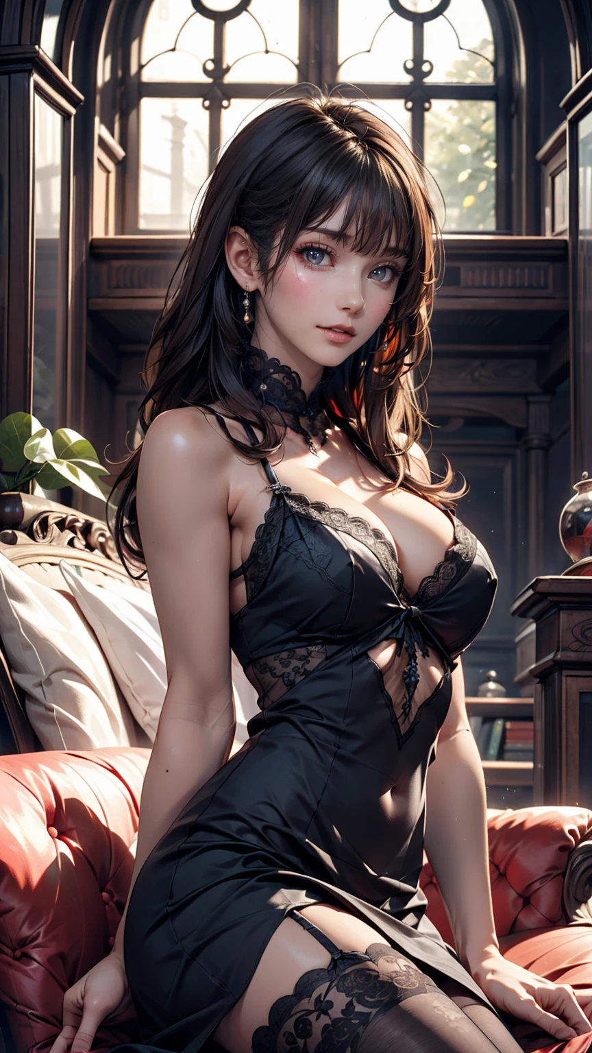 Baroque, Gothic ta, cute, One girl, alone, whole body, Black sofa, Black Dress, Absurd, White lace, High resolution, Super detailed, Most detailed, Red lips