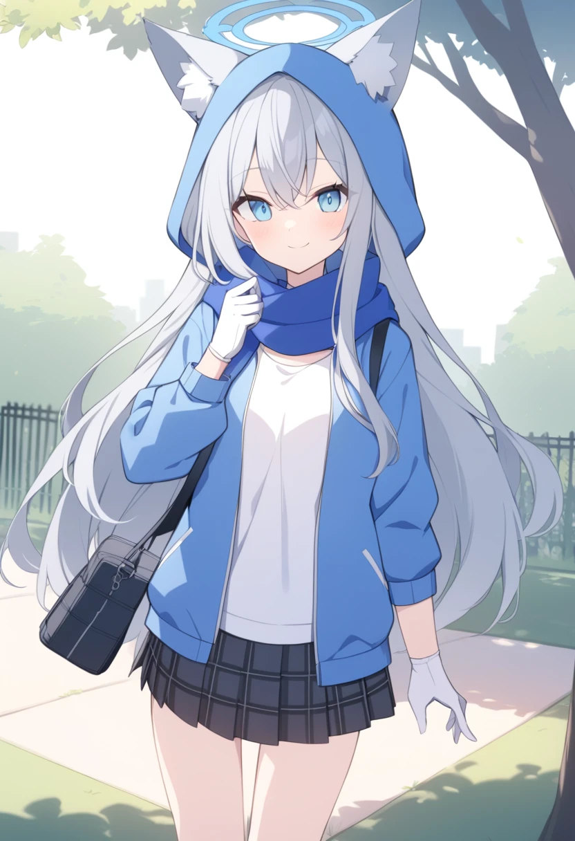girl,Silver long hair, blue eyes, Wearing a blue hooded jacket,戴着Blue hood,A sky blue scarf, A white T-shirt, White gloves, And black plaid skirt, Standing in the park,Smile, Blue Halo,Blue hood,戴着Blue hood,Gray wolf ears