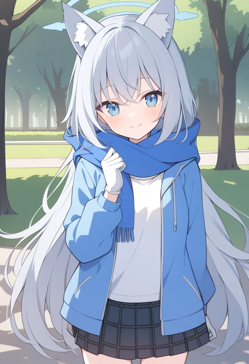 girl，Silver long hair, blue eyes, Wearing a blue hooded jacket,戴着Blue hood，A sky blue scarf, A white T-shirt, White gloves, And black plaid skirt, Standing in the park，Smile, Blue Halo，Blue hood，戴着Blue hood，Gray wolf ears