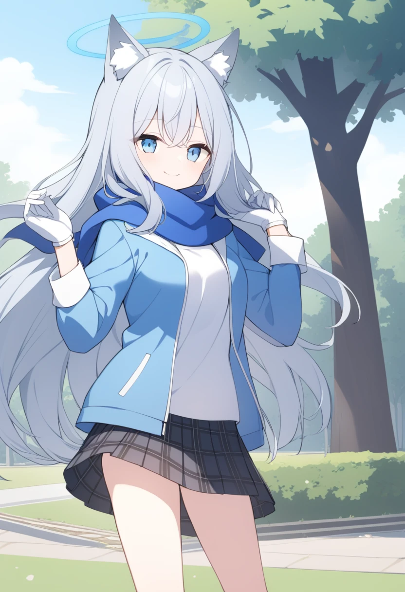 girl，Silver long hair, blue eyes, Wearing a blue hooded jacket,戴着Blue hood，A sky blue scarf, A white T-shirt, White gloves, And black plaid skirt, Standing in the park，Smile, Blue Halo，Blue hood，戴着Blue hood，Gray wolf ears