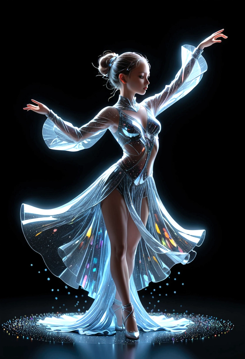 Dynamic representation,  dance girl with Dynamic pose in three-dimensional light style of glassy translucence outfit , part of the outfit is Decomposing into light particles and flowing to the top,black background, powerful dynamic composition， v-Ray tracing ,c4d render 